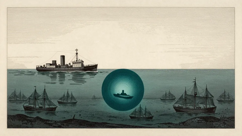 Engraved plate: a sonar ring picks out one wreck among many
