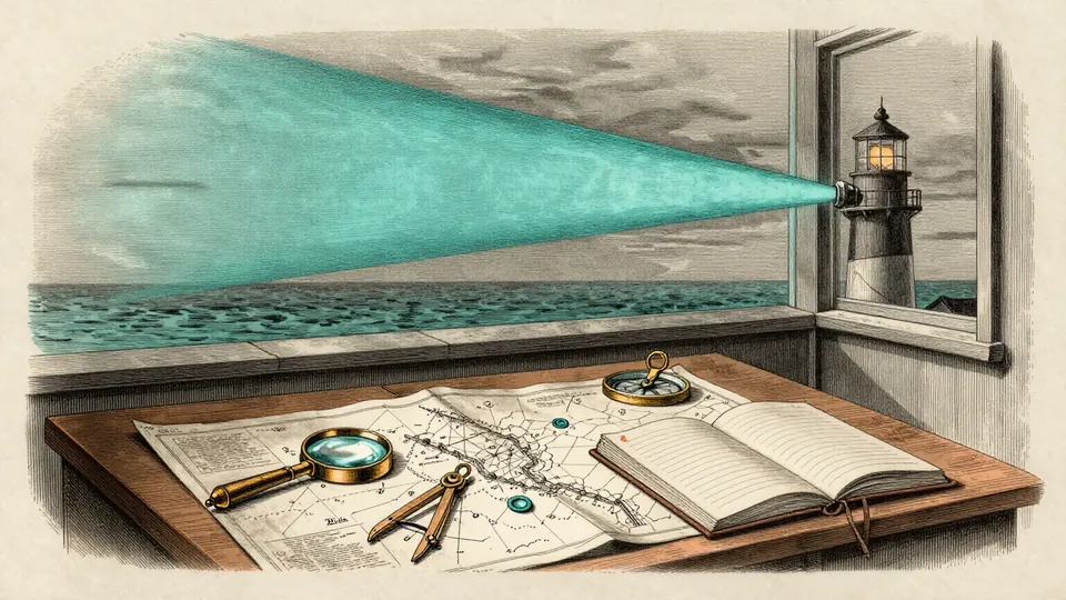 Engraved plate: a lighthouse chart room guides the next search