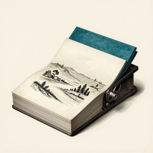 Engraved plate: printed pages and a signal tower represent content businesses