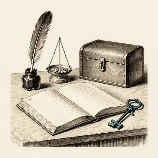 Engraved plate: ledgers and scales represent finance businesses