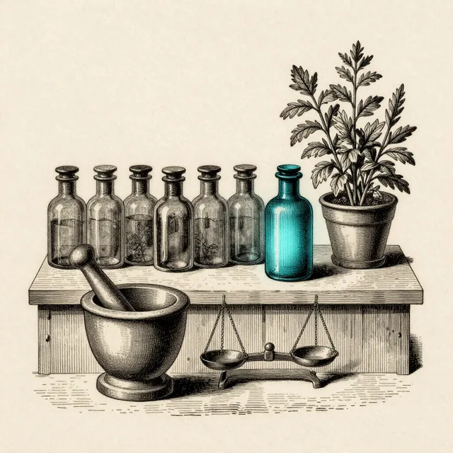 Engraved plate: botanical and medical tools represent health businesses