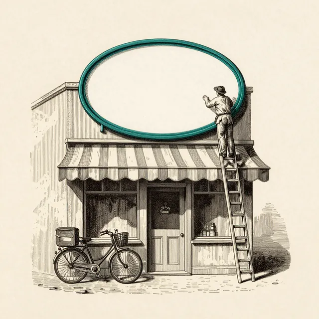 Engraved plate: a town storefront represents local service businesses