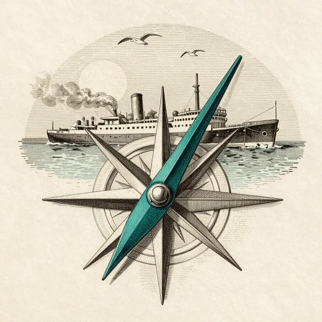 Engraved plate: a map and coastal marker represent travel businesses